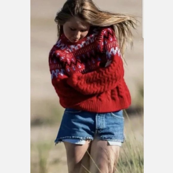 ZARA CABLE KNIT JACQUARD SWEATER Red Fair Isle LONG SLEEVE RED 5802/145 M NEW - Picture 9 of 9